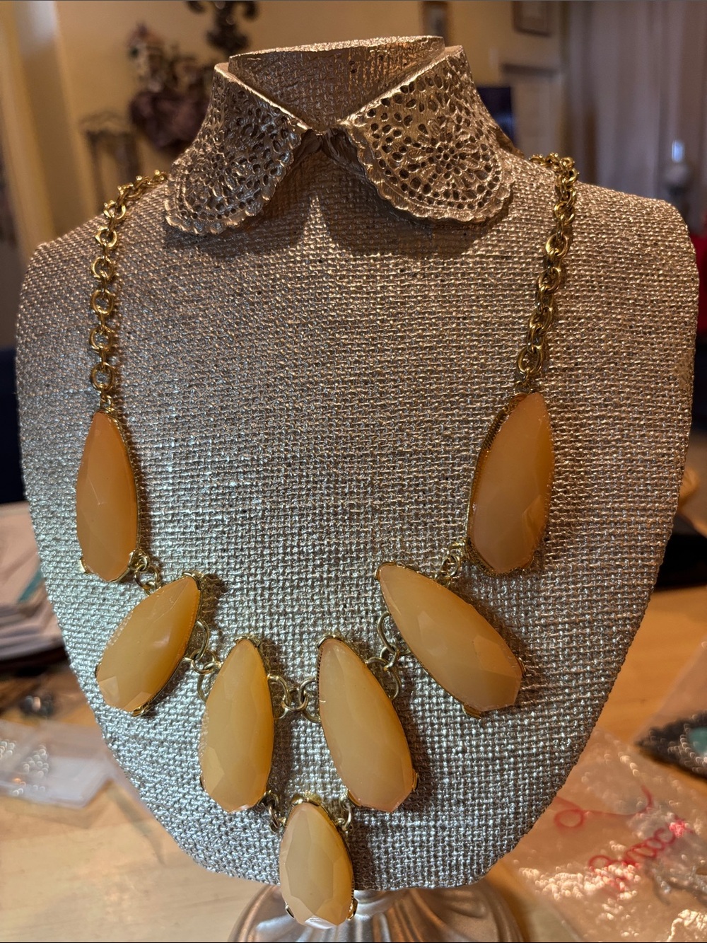 Gold-Chain Statement Necklace with Pale Yellow Gemstones